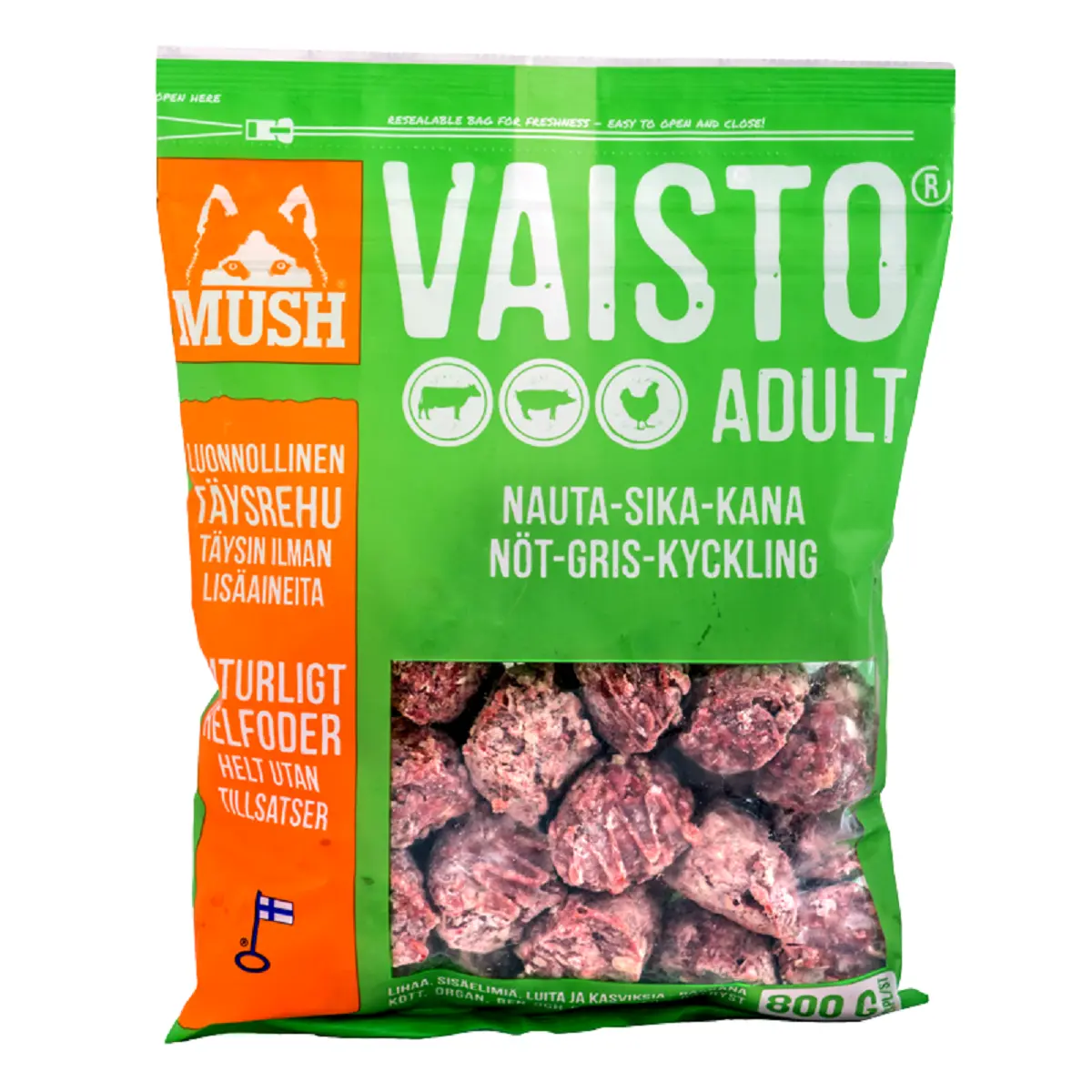 MUSH Vaisto Grøn Okse Gris Kylling 800 g - Naturligt hundefoder med kød og grønt